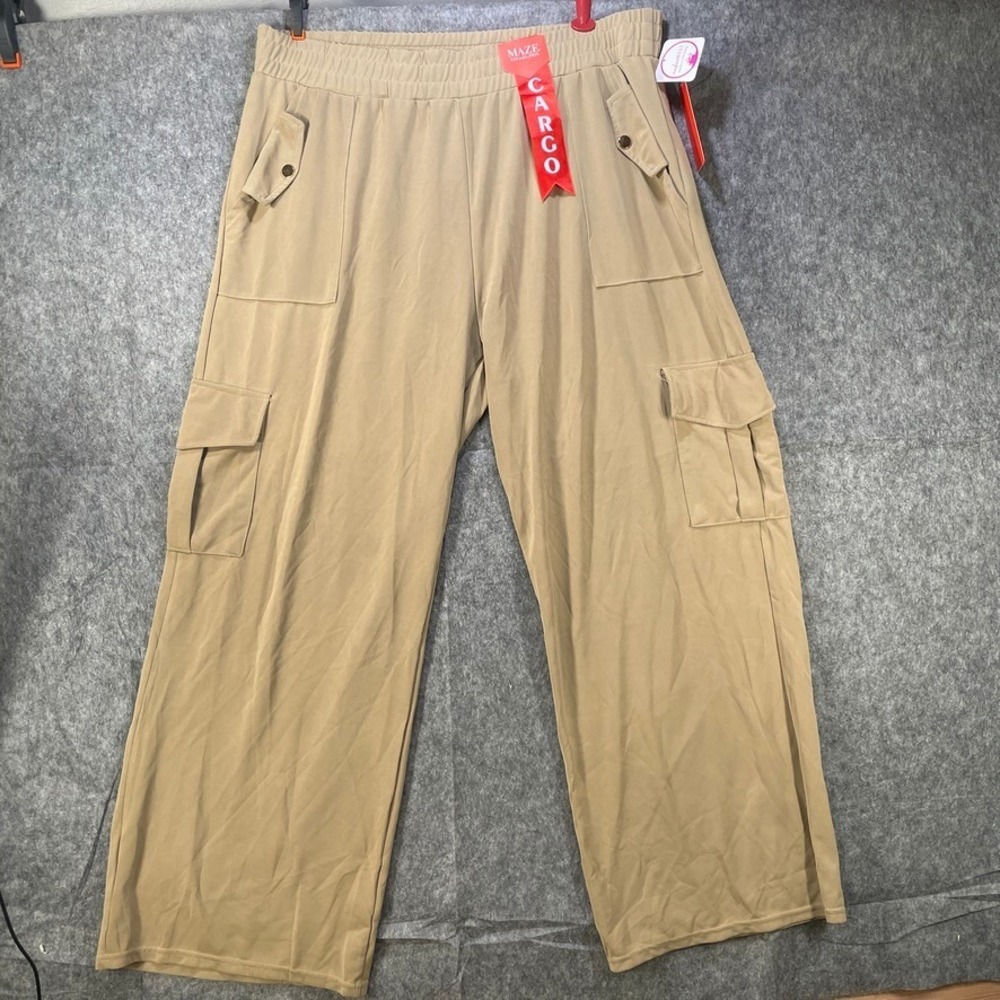 Maze Collection Cargo Wide Leg Pants Women's 3x Beige Elastic Waist Pull On Y2K